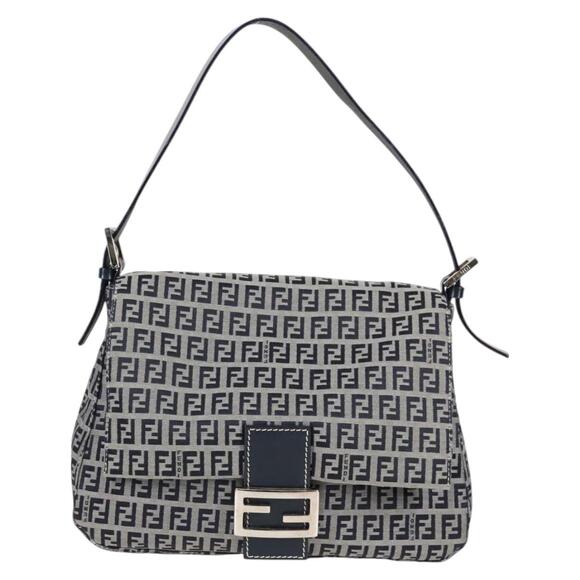 FENDI Zucchino Canvas Mamma Baguette Shoulder Bag Navy Silver - Picture 2 of 14